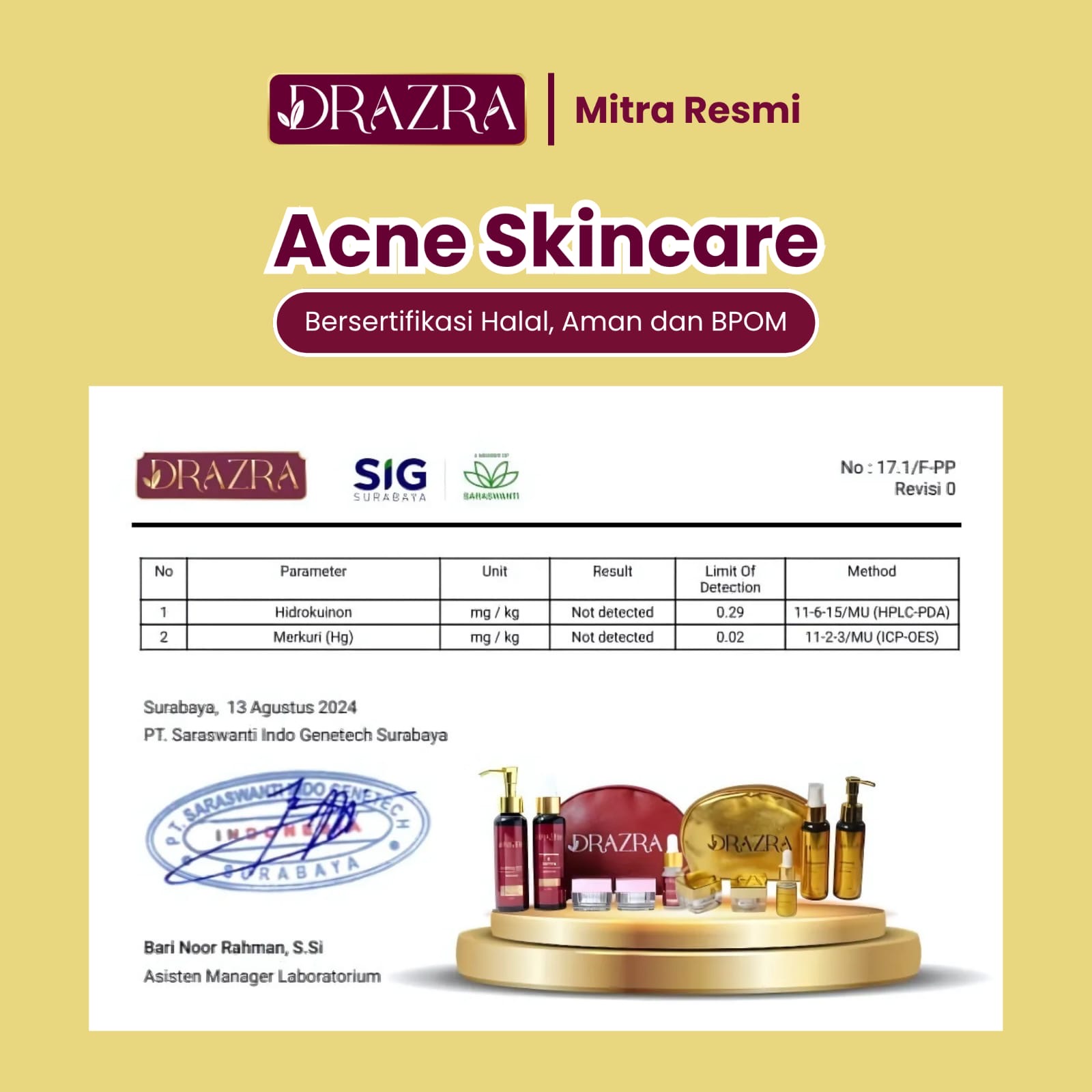 Hasil uji Acne Skincare untuk Hidrokuinon dan Merkuri