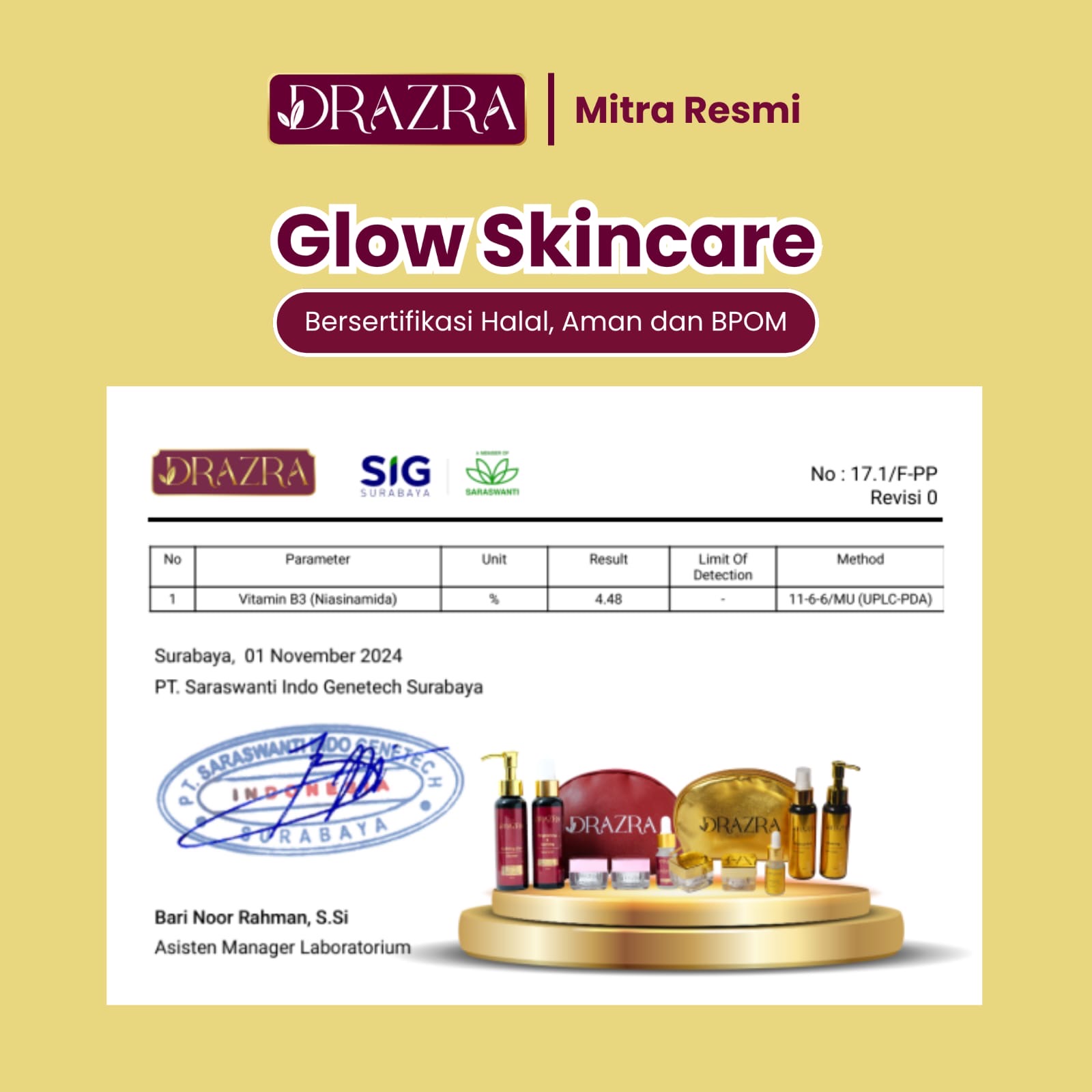 Hasil uji Glow Skincare untuk Vitamin B3 Niacinamide